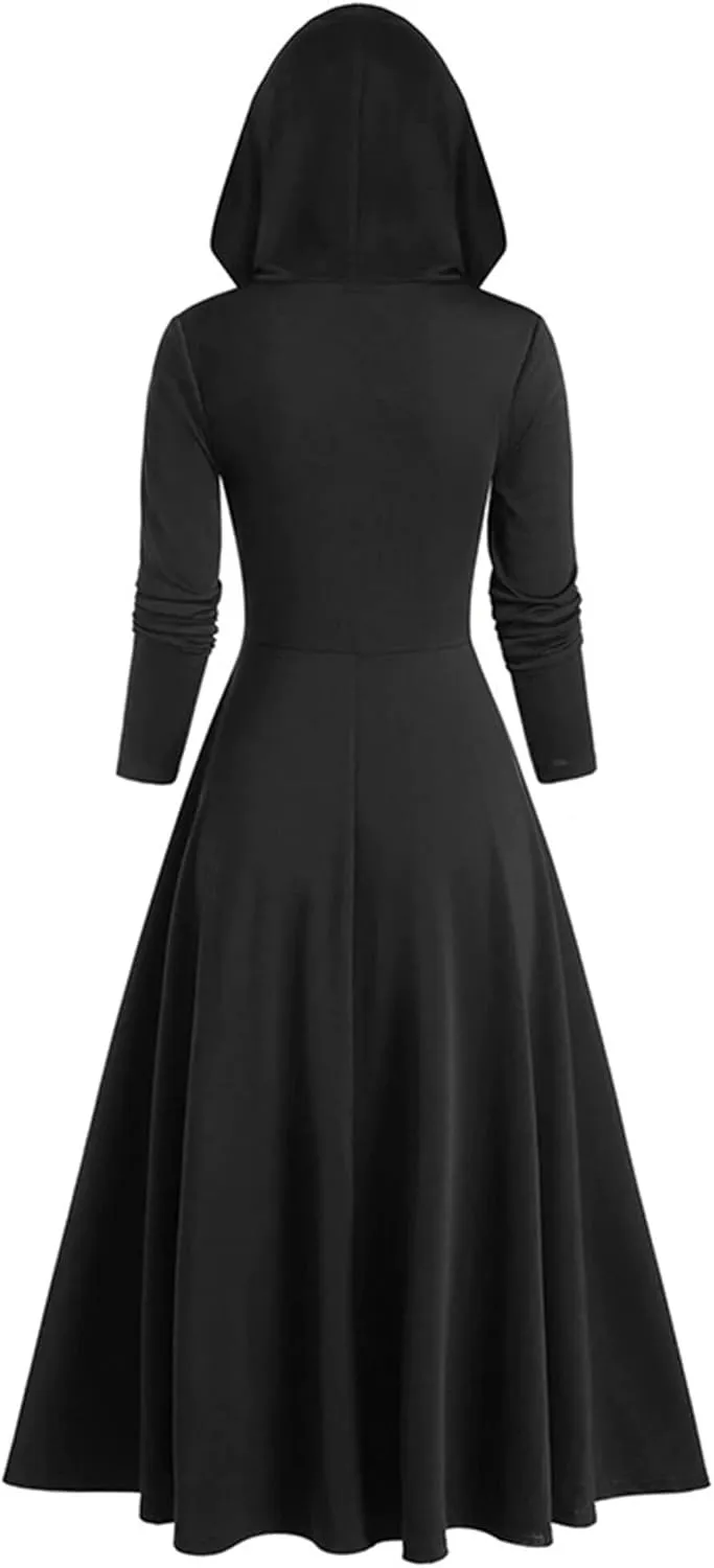 FEOYA Gothic Hooded Sweatshirt Dress for Women High Low Medieval Cloak Robe Steampunk Halloween Dresses Pullover