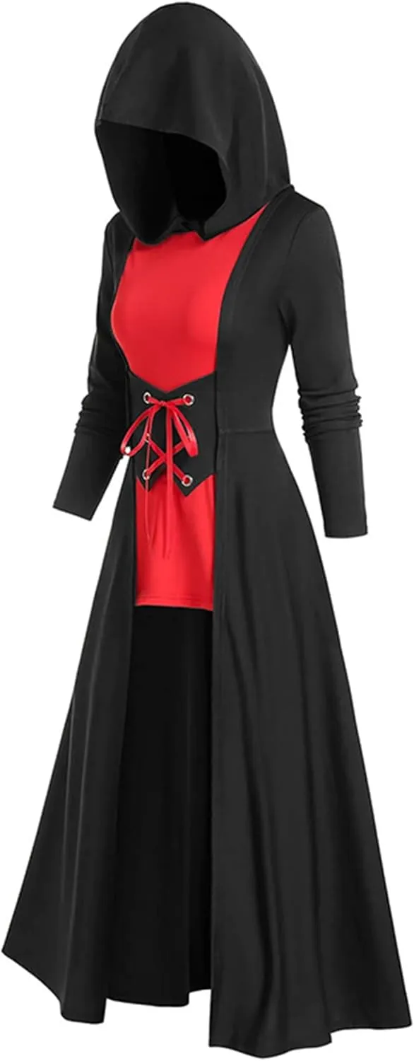FEOYA Gothic Hooded Sweatshirt Dress for Women High Low Medieval Cloak Robe Steampunk Halloween Dresses Pullover