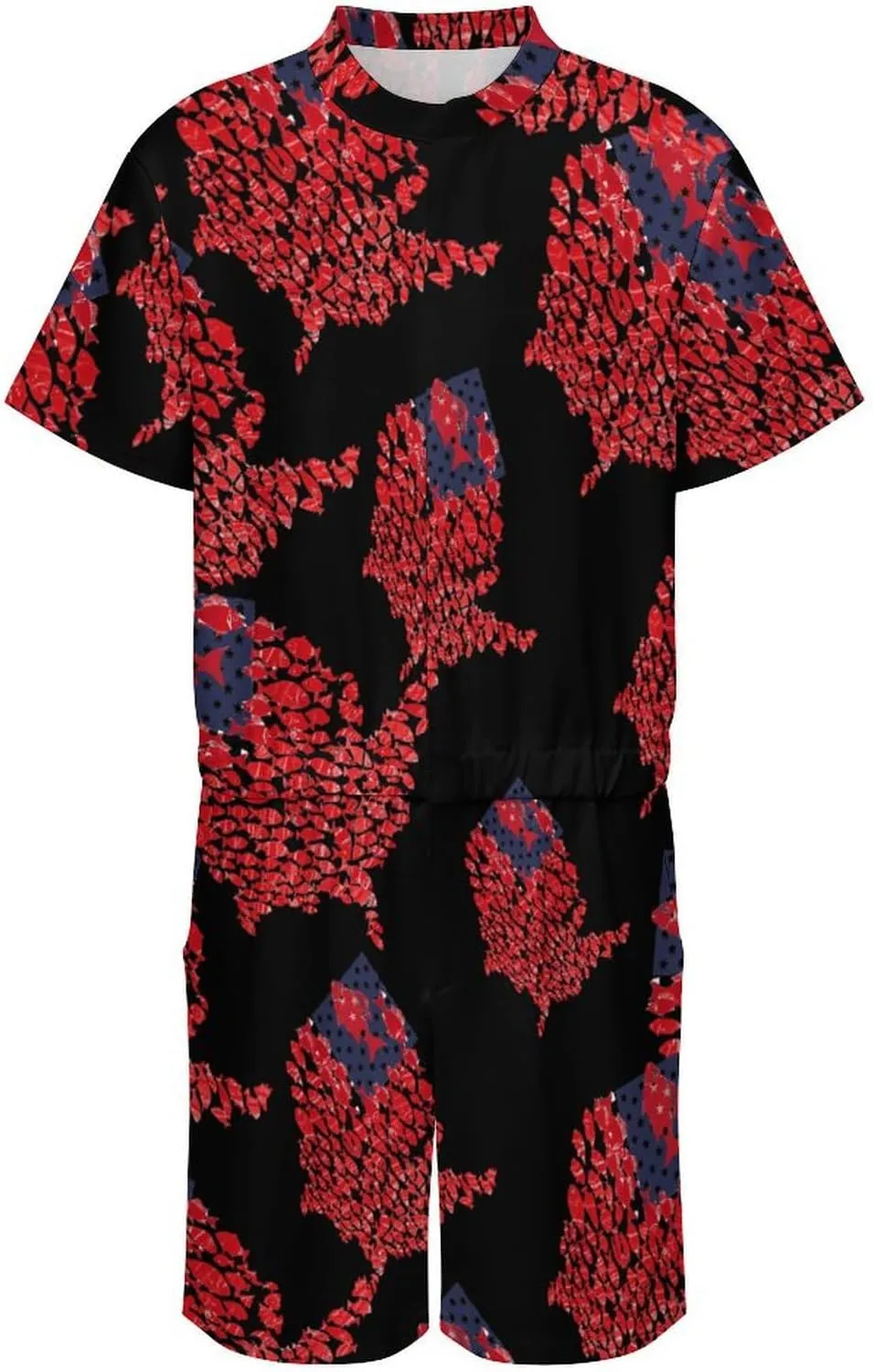 Fish American America Flag Mens Short Sleeve Rompers Printed Slim Fit One Piece Jumpsuit with Pocket