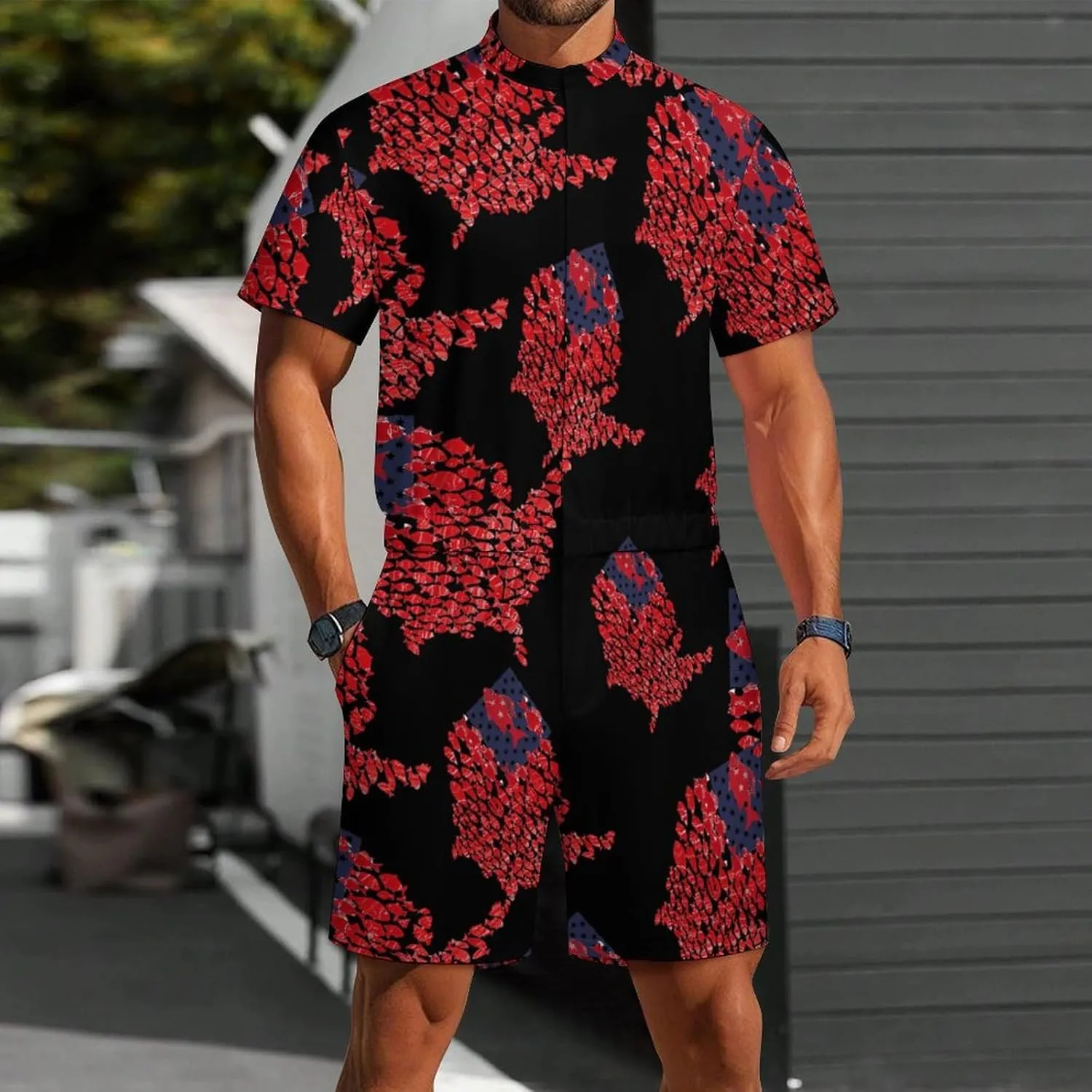 Fish American America Flag Mens Short Sleeve Rompers Printed Slim Fit One Piece Jumpsuit with Pocket