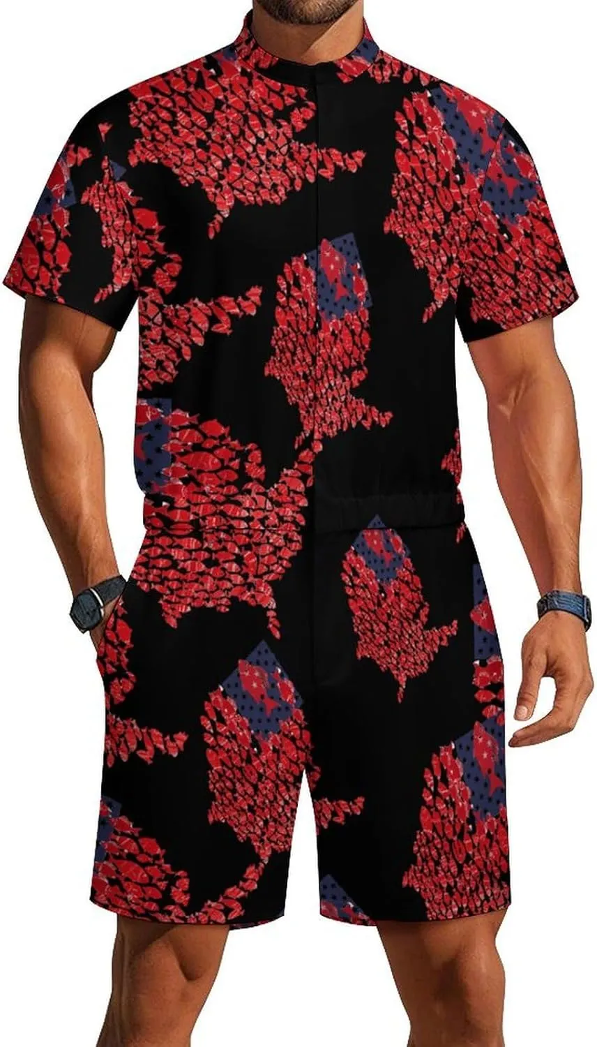 Fish American America Flag Mens Short Sleeve Rompers Printed Slim Fit One Piece Jumpsuit with Pocket