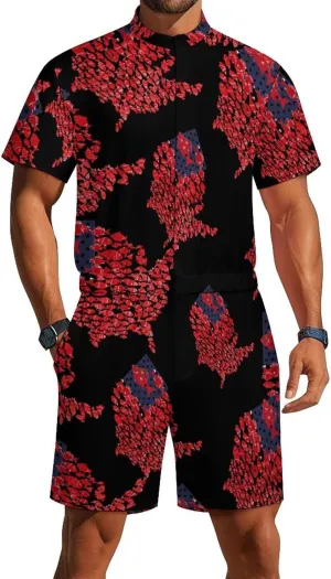 Fish American America Flag Mens Short Sleeve Rompers Printed Slim Fit One Piece Jumpsuit with Pocket