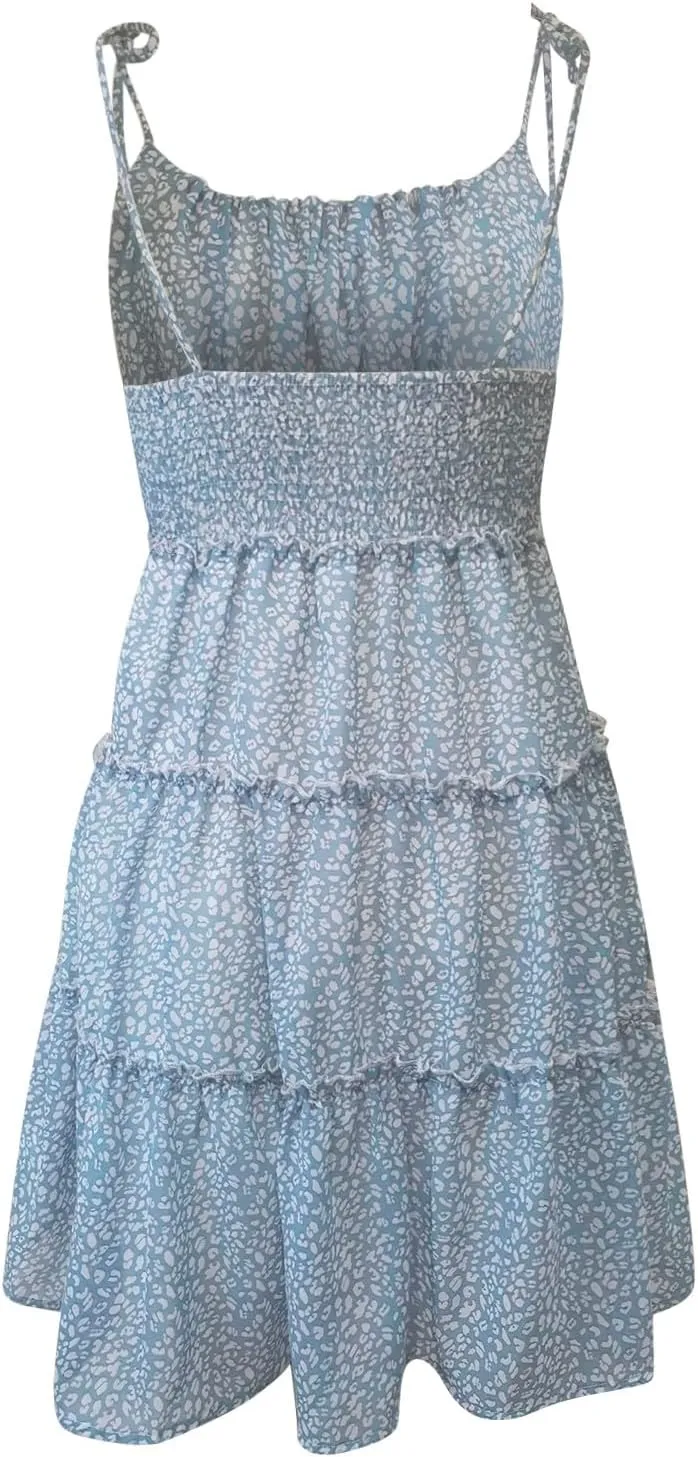 Floral Sundress for Women Cute Spaghetti Strap A Line Chiffon Mini Dress Boho Summer Casual Tiered Sundresses
