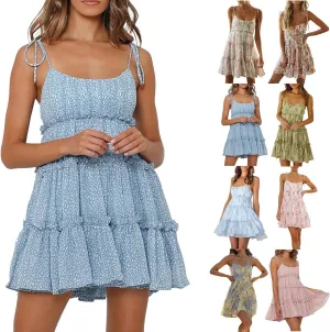 Floral Sundress for Women Cute Spaghetti Strap A Line Chiffon Mini Dress Boho Summer Casual Tiered Sundresses