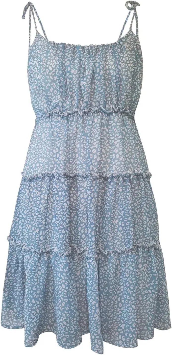 Floral Sundress for Women Cute Spaghetti Strap A Line Chiffon Mini Dress Boho Summer Casual Tiered Sundresses