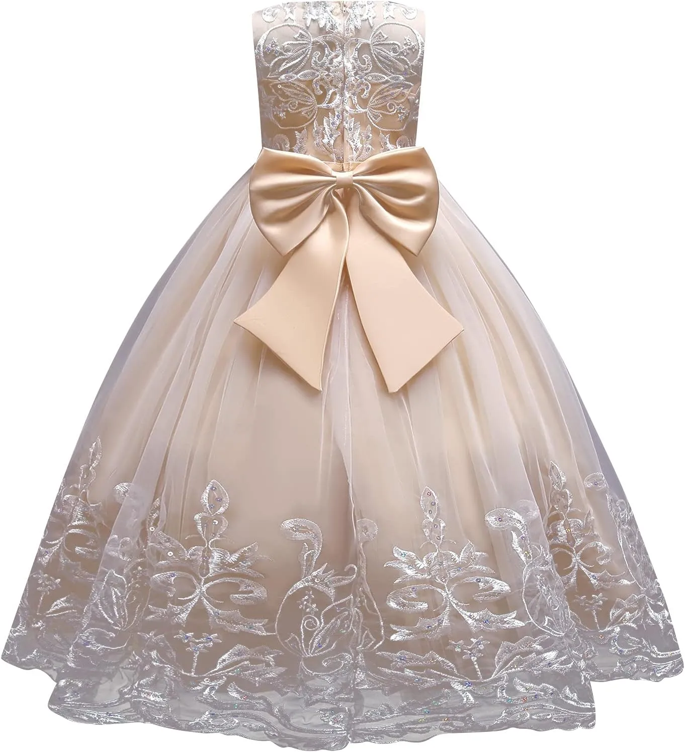 Flower Girl Lace Dress for Kids Wedding Bridesmaid Pageant Party Formal Long Gown Princess Communion Tulle Bow Dresses