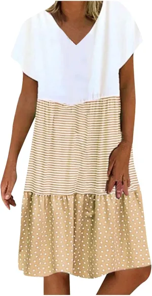 FZYLQY Summer Dresses for Womens 2024 Plus Size Beach Flowy Dresses V Neck Short Sleeve Color Block Patchwork Casual Dress