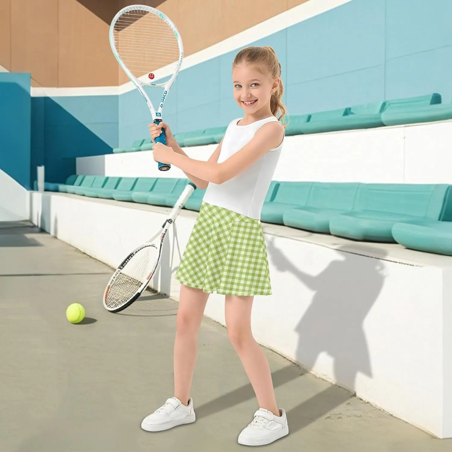 Gingham Plaid Girls Athletic Skirt with Shorts Flowy Skorts for Little Girl Cheerleading Skirts with Pockets 4-12Y