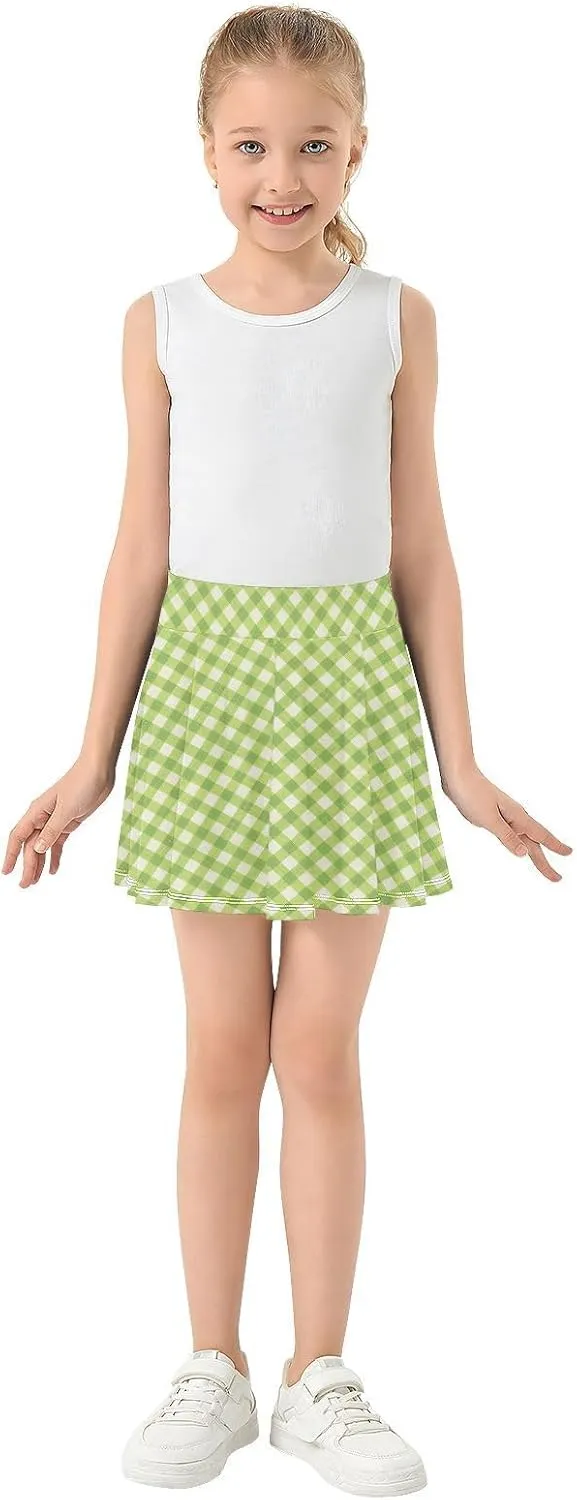 Gingham Plaid Girls Athletic Skirt with Shorts Flowy Skorts for Little Girl Cheerleading Skirts with Pockets 4-12Y