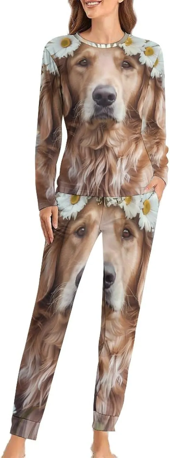 Golden Retriever with Daisy Wreath Womens 2 Pieces Pajama Sets Long Sleeve Sleepwear Loungewear PJs Sets with Pockets