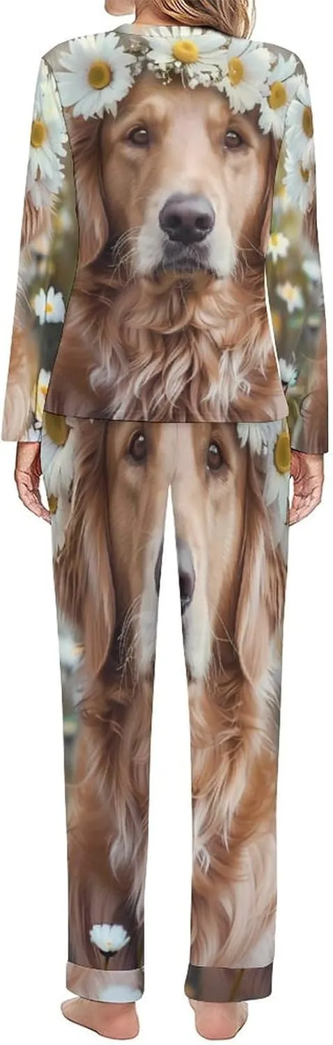 Golden Retriever with Daisy Wreath Womens 2 Pieces Pajama Sets Long Sleeve Sleepwear Loungewear PJs Sets with Pockets