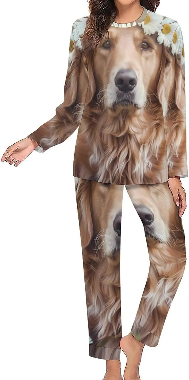 Golden Retriever with Daisy Wreath Womens 2 Pieces Pajama Sets Long Sleeve Sleepwear Loungewear PJs Sets with Pockets