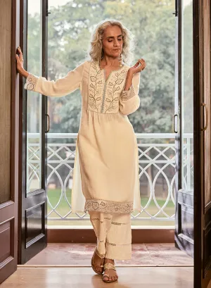 Grace Ivory Embroidered Cotton Gauze Kurta for Women