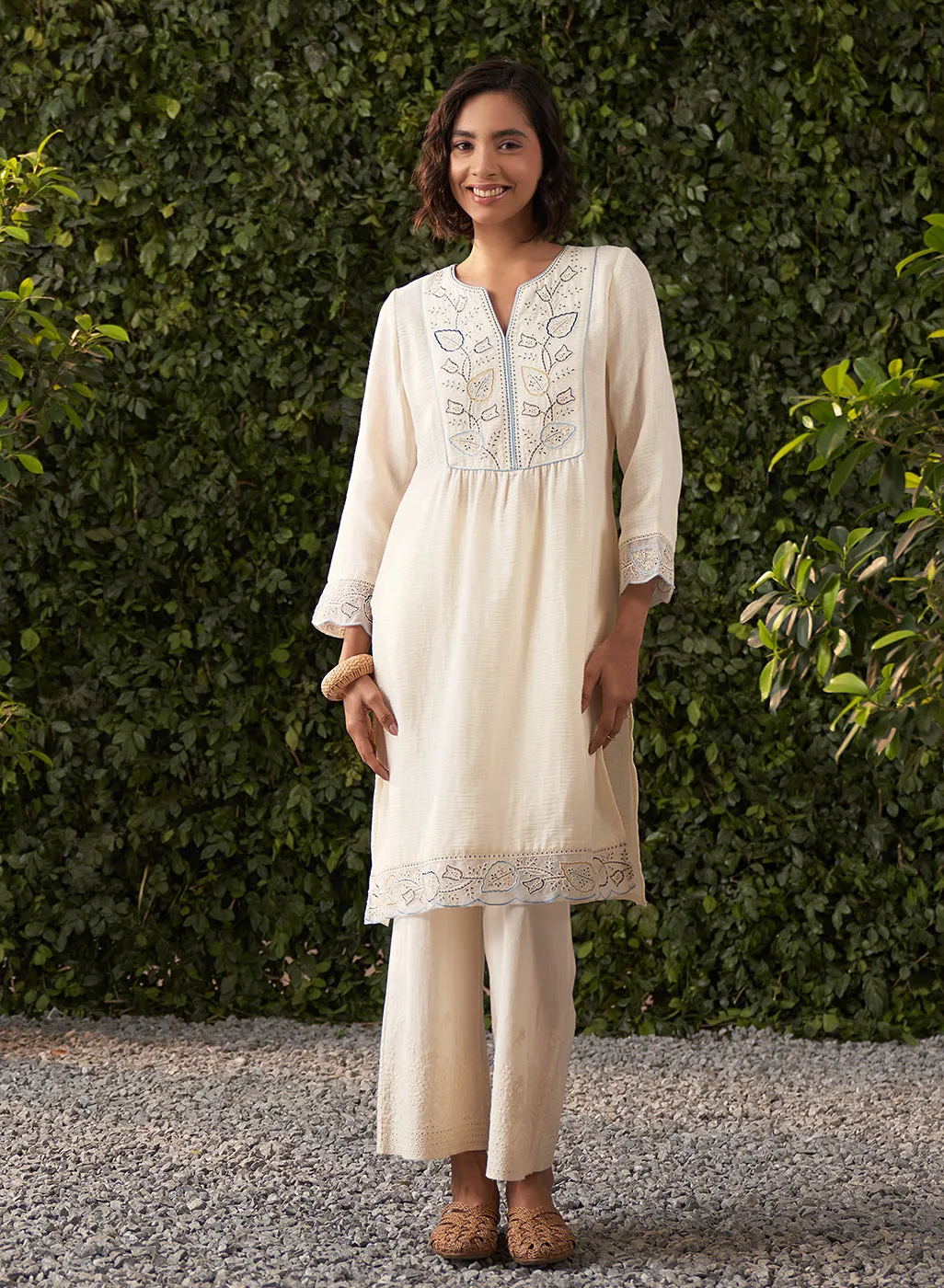Grace Ivory Embroidered Cotton Gauze Kurta for Women