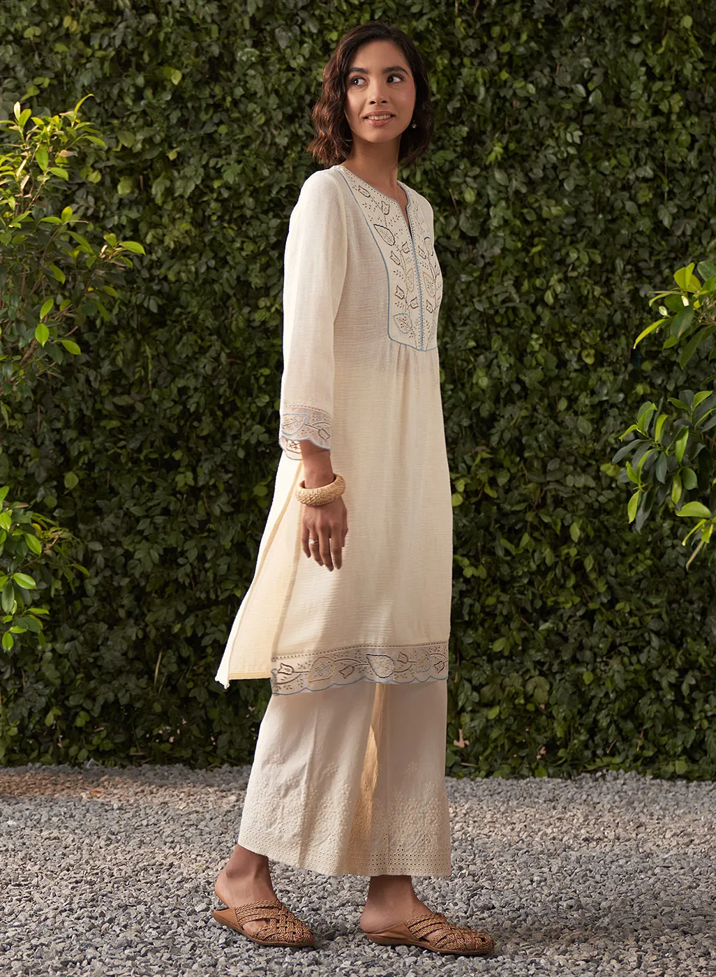 Grace Ivory Embroidered Cotton Gauze Kurta for Women