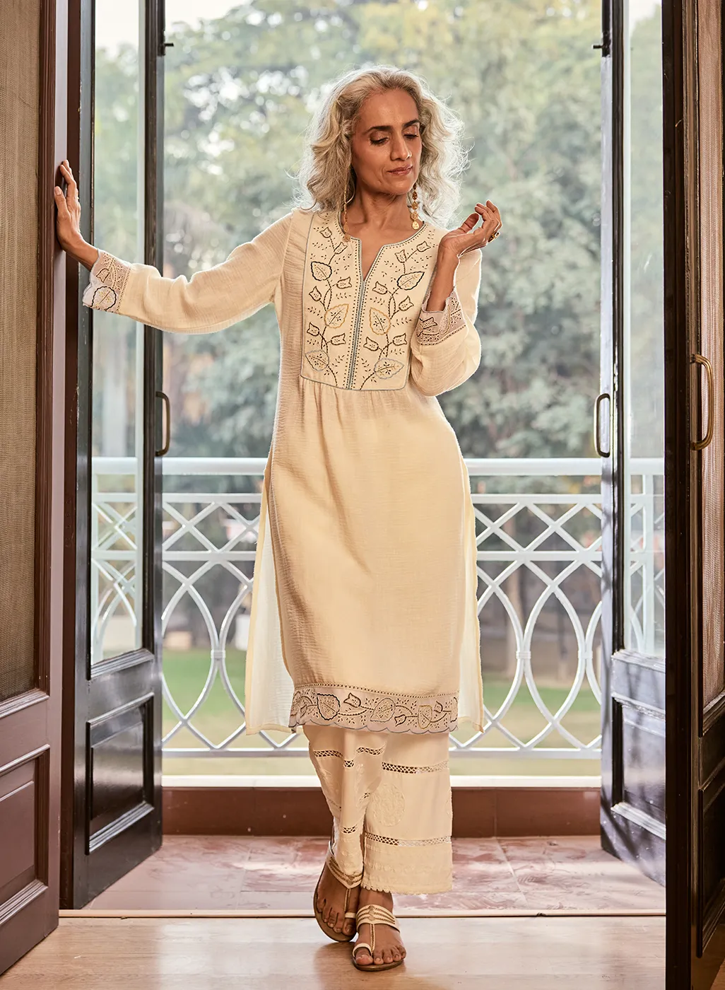 Grace Ivory Embroidered Cotton Gauze Kurta for Women
