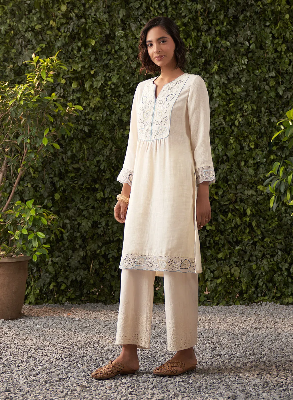 Grace Ivory Embroidered Cotton Gauze Kurta for Women