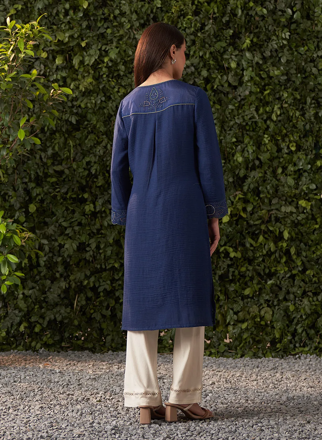 Grace Navy Blue Embroidered Cotton Gauze Kurta for Women