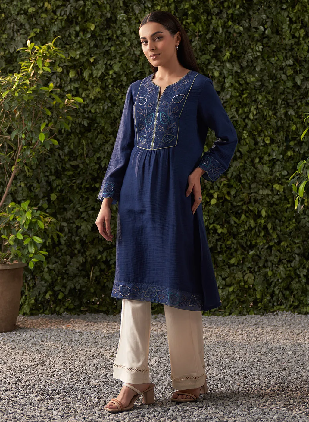 Grace Navy Blue Embroidered Cotton Gauze Kurta for Women