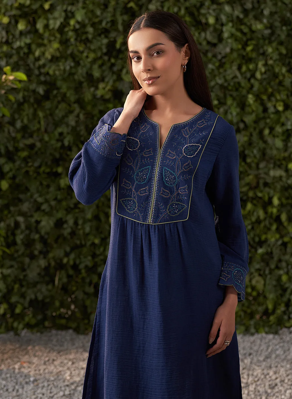 Grace Navy Blue Embroidered Cotton Gauze Kurta for Women