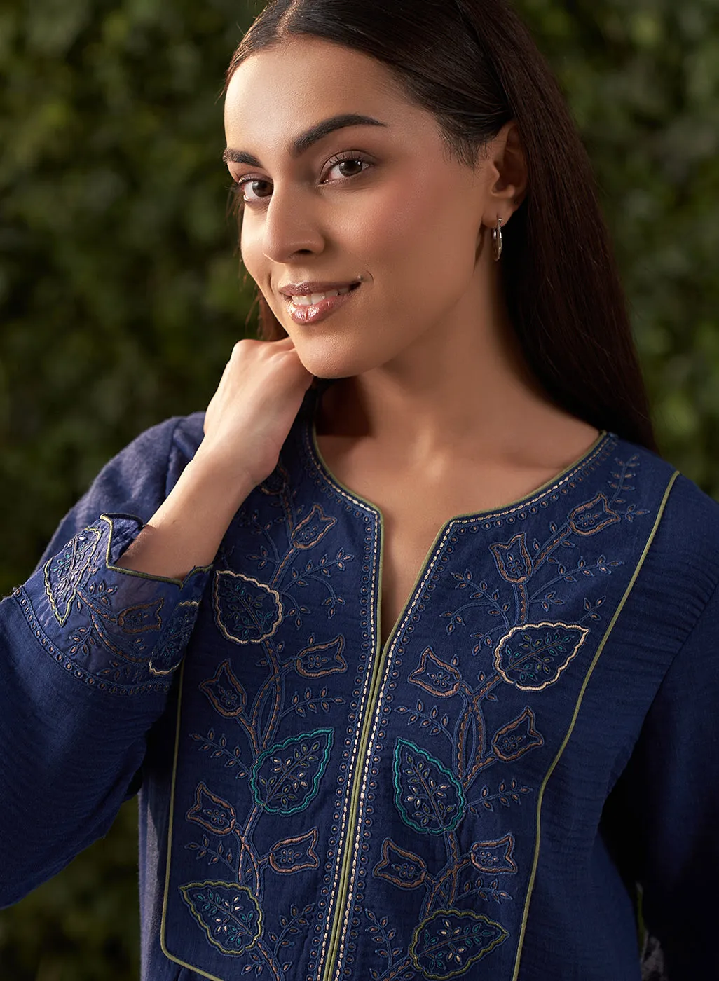 Grace Navy Blue Embroidered Cotton Gauze Kurta for Women