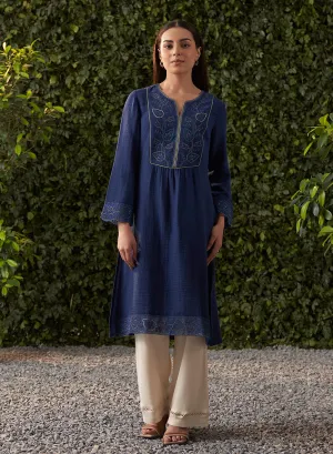 Grace Navy Blue Embroidered Cotton Gauze Kurta for Women