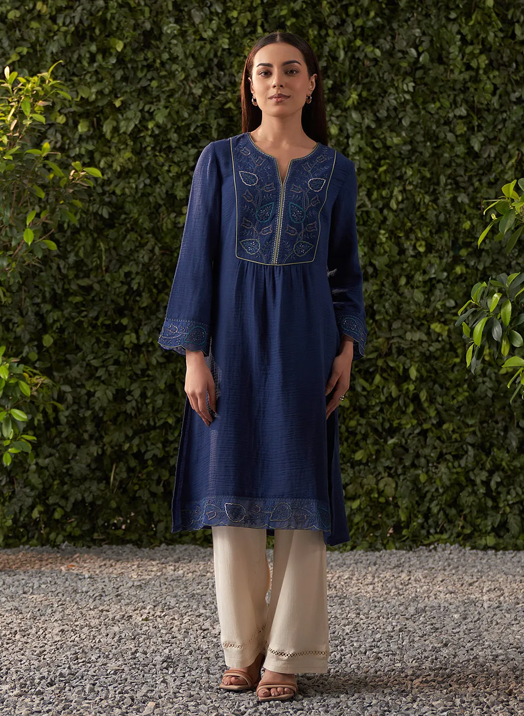 Grace Navy Blue Embroidered Cotton Gauze Kurta for Women
