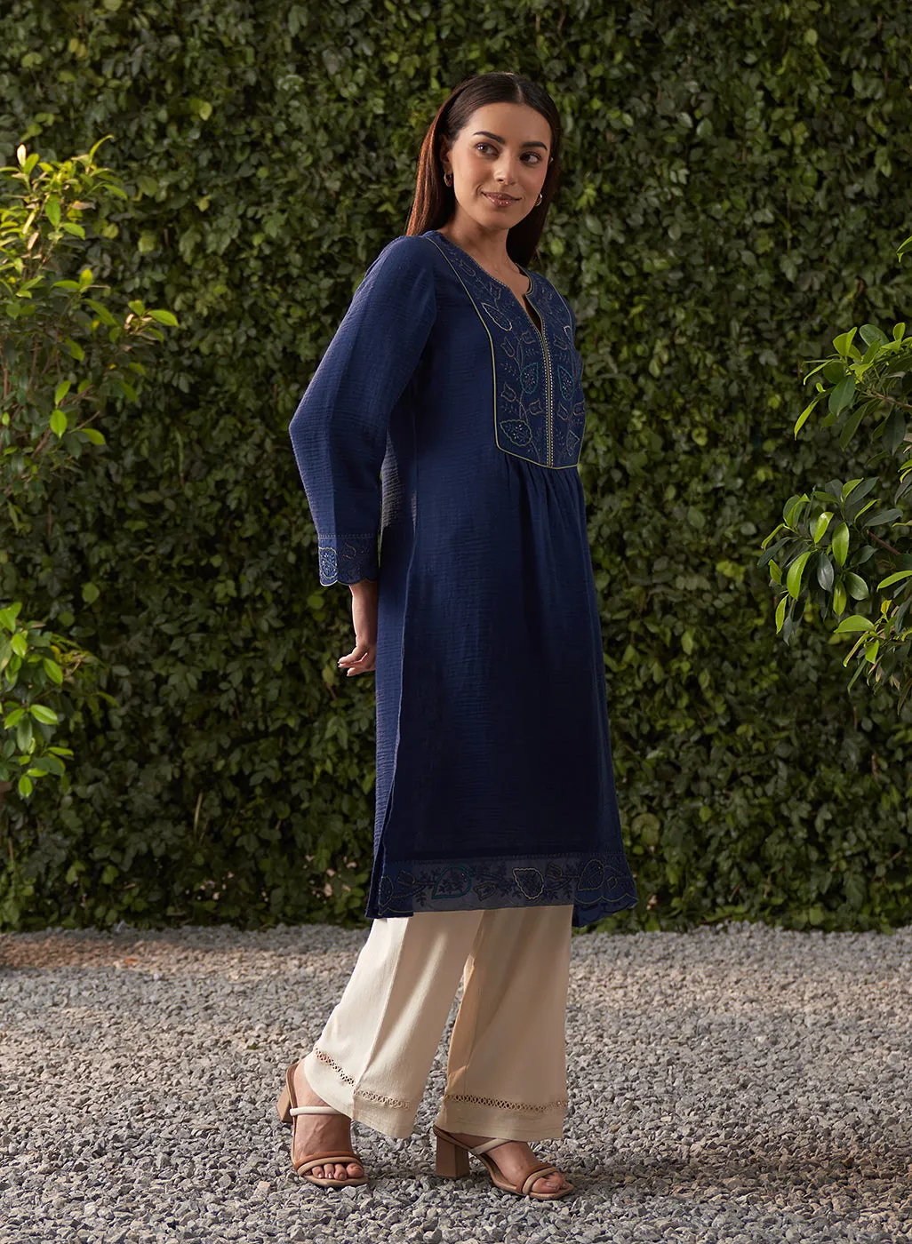 Grace Navy Blue Embroidered Cotton Gauze Kurta for Women