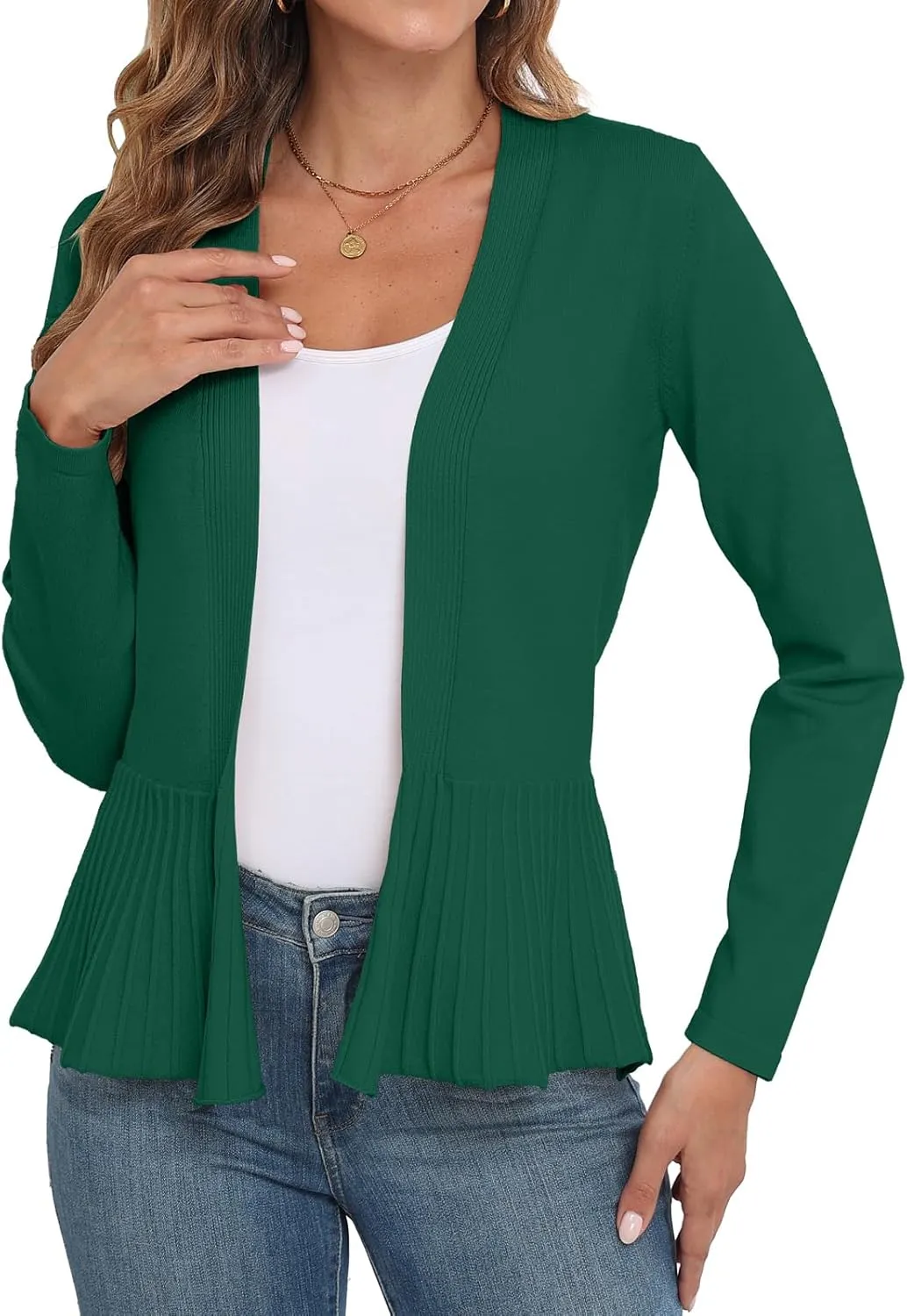 GRECERELLE Women Lightweight Casual Long Sleeves Cropped Cardigan Open Front Peplum Knit Sweater Outwear