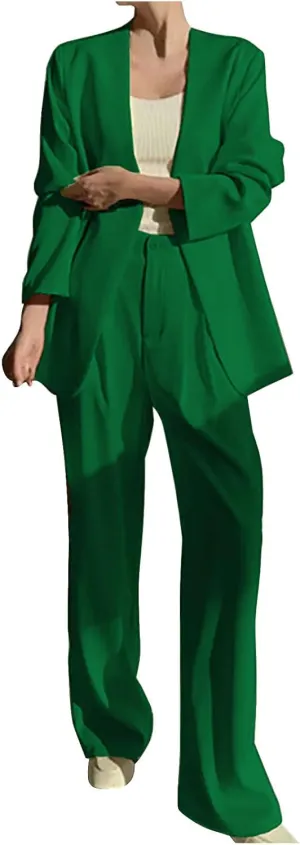 HGps8w Two Piece Blazer Outfits for Women Loose Open Front Suit Jacket and Straight Pants Office Lady Business Work Suits