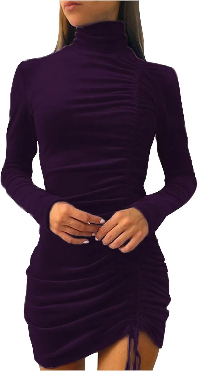 HGps8w Women's Turtleneck Velvet Ruched Bodycon Mini Dress Slim Fitted Long Sleeve Elegant Drawstring Mini Club Dress