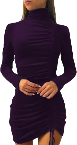 HGps8w Women's Turtleneck Velvet Ruched Bodycon Mini Dress Slim Fitted Long Sleeve Elegant Drawstring Mini Club Dress