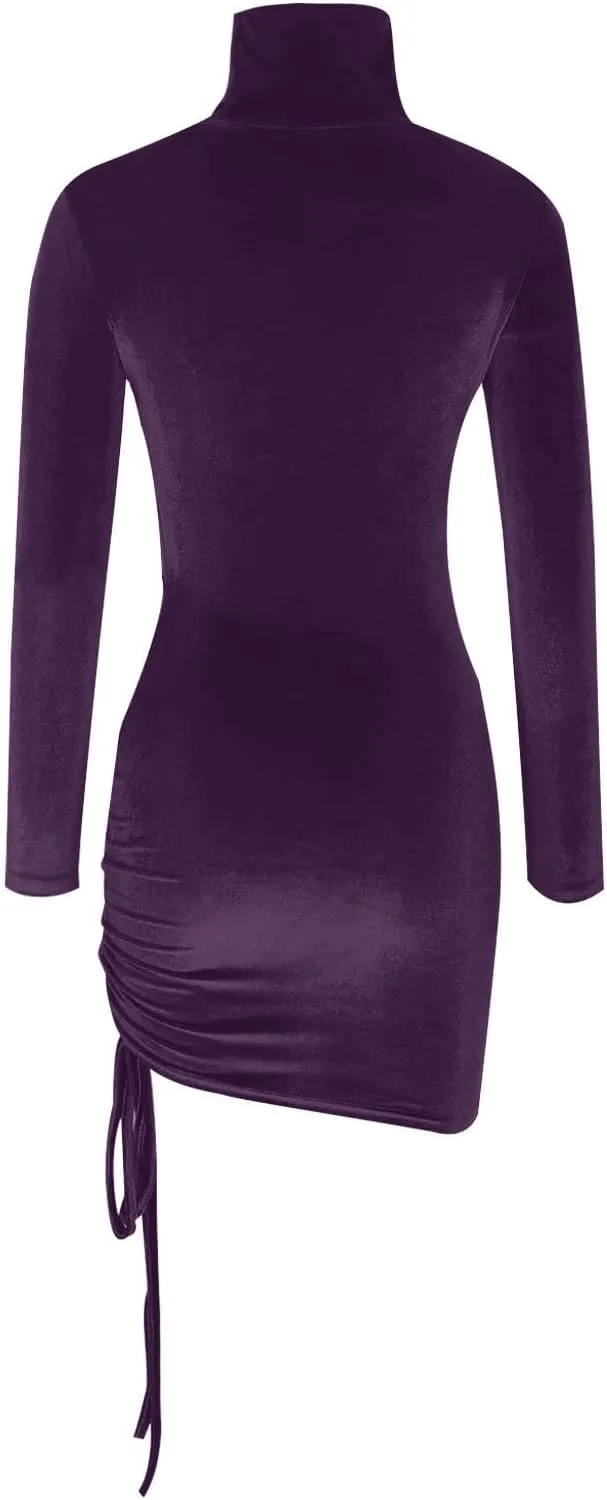 HGps8w Women's Turtleneck Velvet Ruched Bodycon Mini Dress Slim Fitted Long Sleeve Elegant Drawstring Mini Club Dress