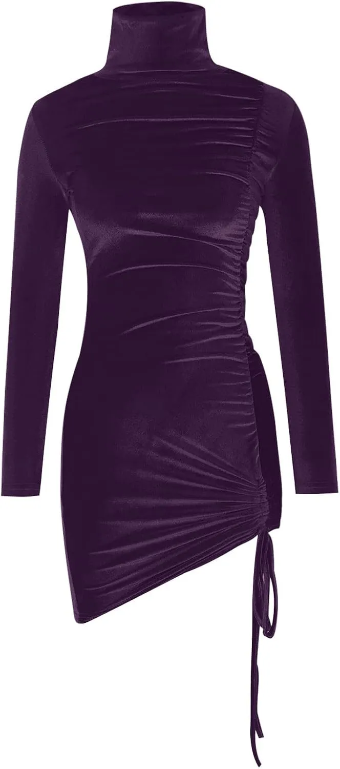 HGps8w Women's Turtleneck Velvet Ruched Bodycon Mini Dress Slim Fitted Long Sleeve Elegant Drawstring Mini Club Dress