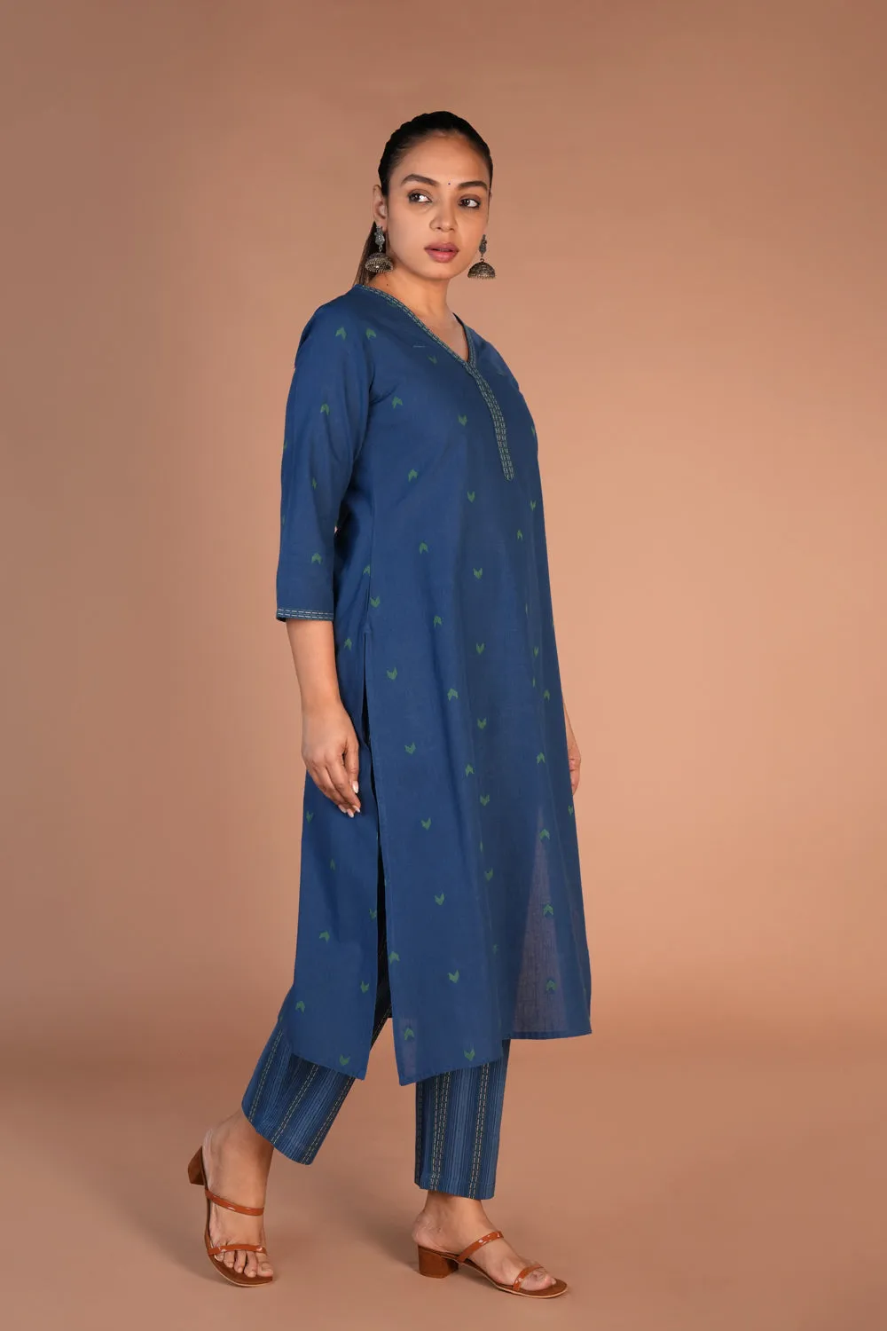 Indigo blue woven cotton Kurta and pants set