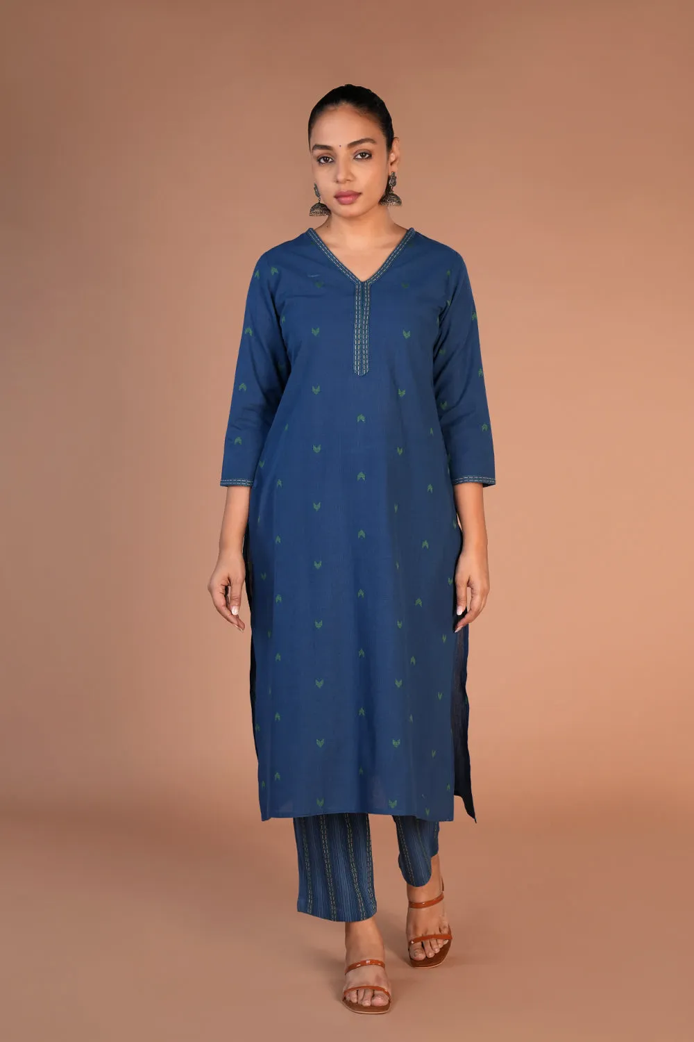 Indigo blue woven cotton Kurta and pants set