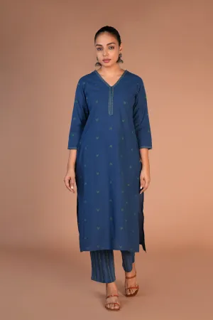 Indigo blue woven cotton Kurta and pants set