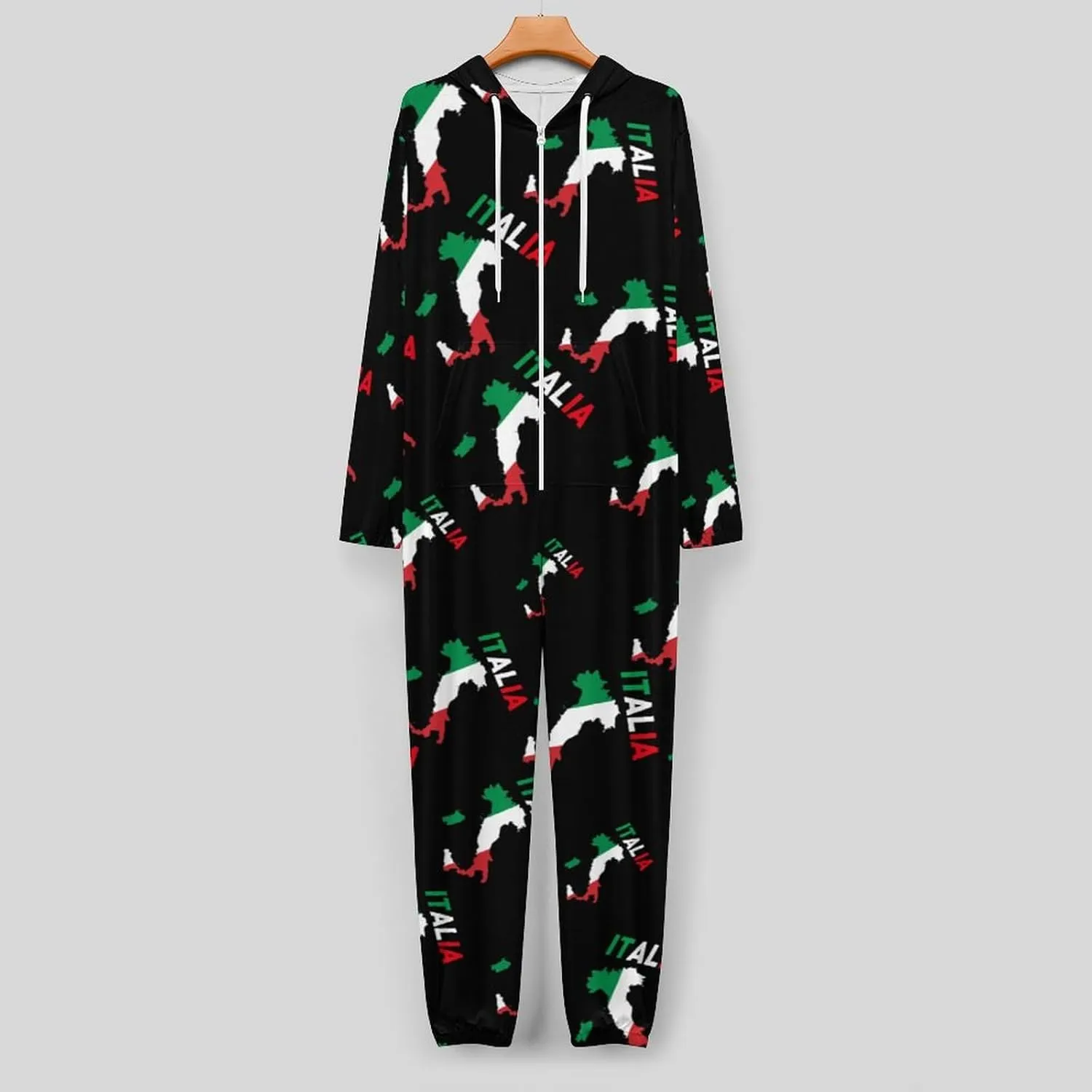 Italy Flag Map Women's Onesie Pajamas Zip Up Hooded Sleepwear Jumpsuit Romper Loungewear PJs