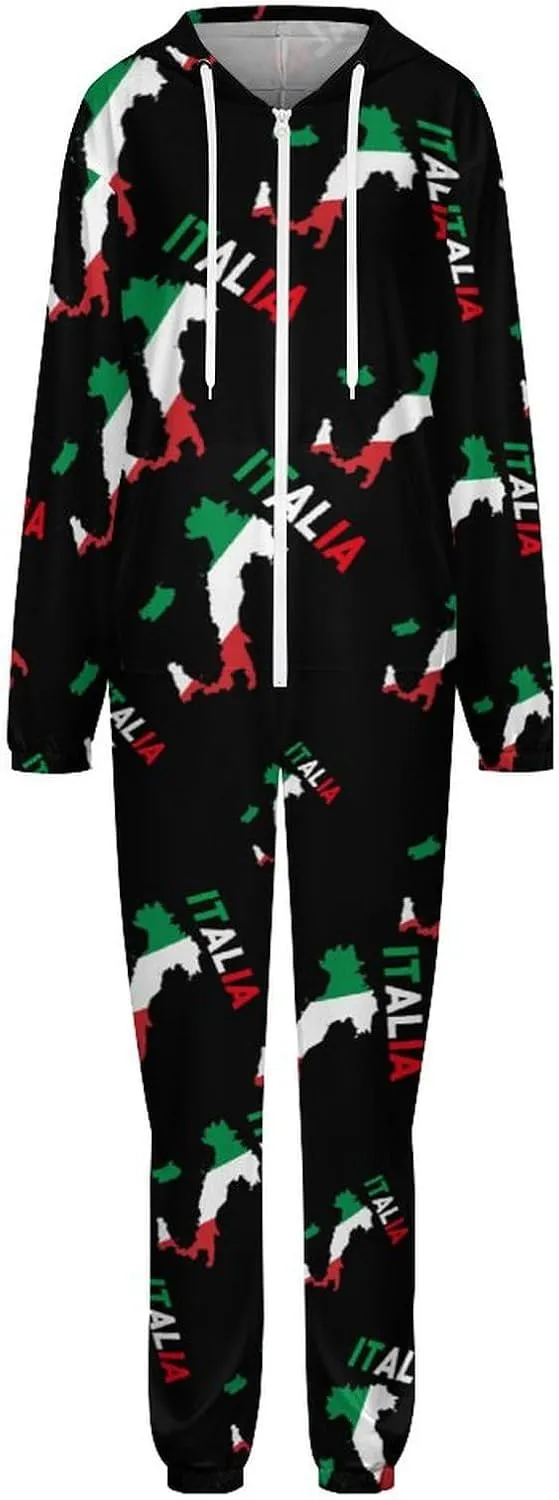 Italy Flag Map Women's Onesie Pajamas Zip Up Hooded Sleepwear Jumpsuit Romper Loungewear PJs