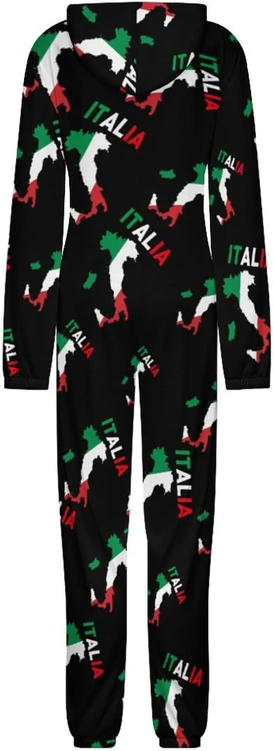 Italy Flag Map Women's Onesie Pajamas Zip Up Hooded Sleepwear Jumpsuit Romper Loungewear PJs