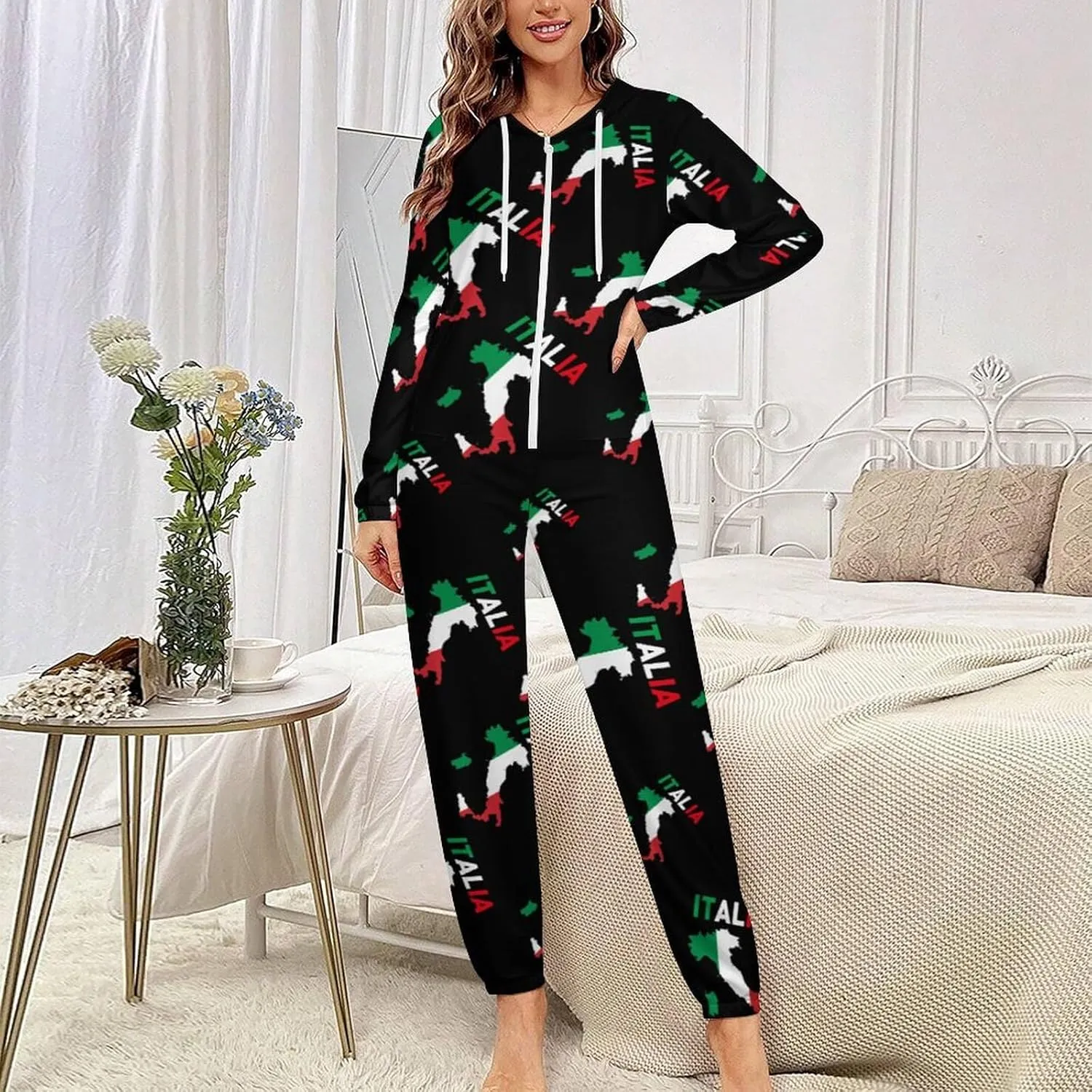 Italy Flag Map Women's Onesie Pajamas Zip Up Hooded Sleepwear Jumpsuit Romper Loungewear PJs