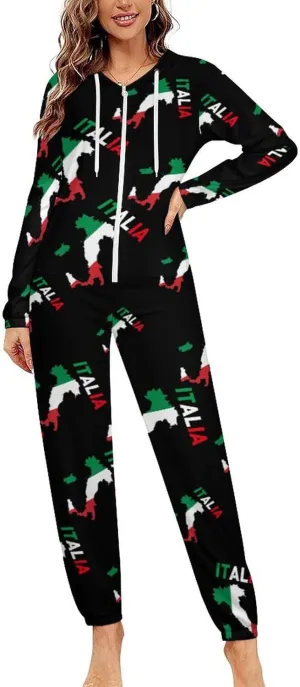 Italy Flag Map Women's Onesie Pajamas Zip Up Hooded Sleepwear Jumpsuit Romper Loungewear PJs
