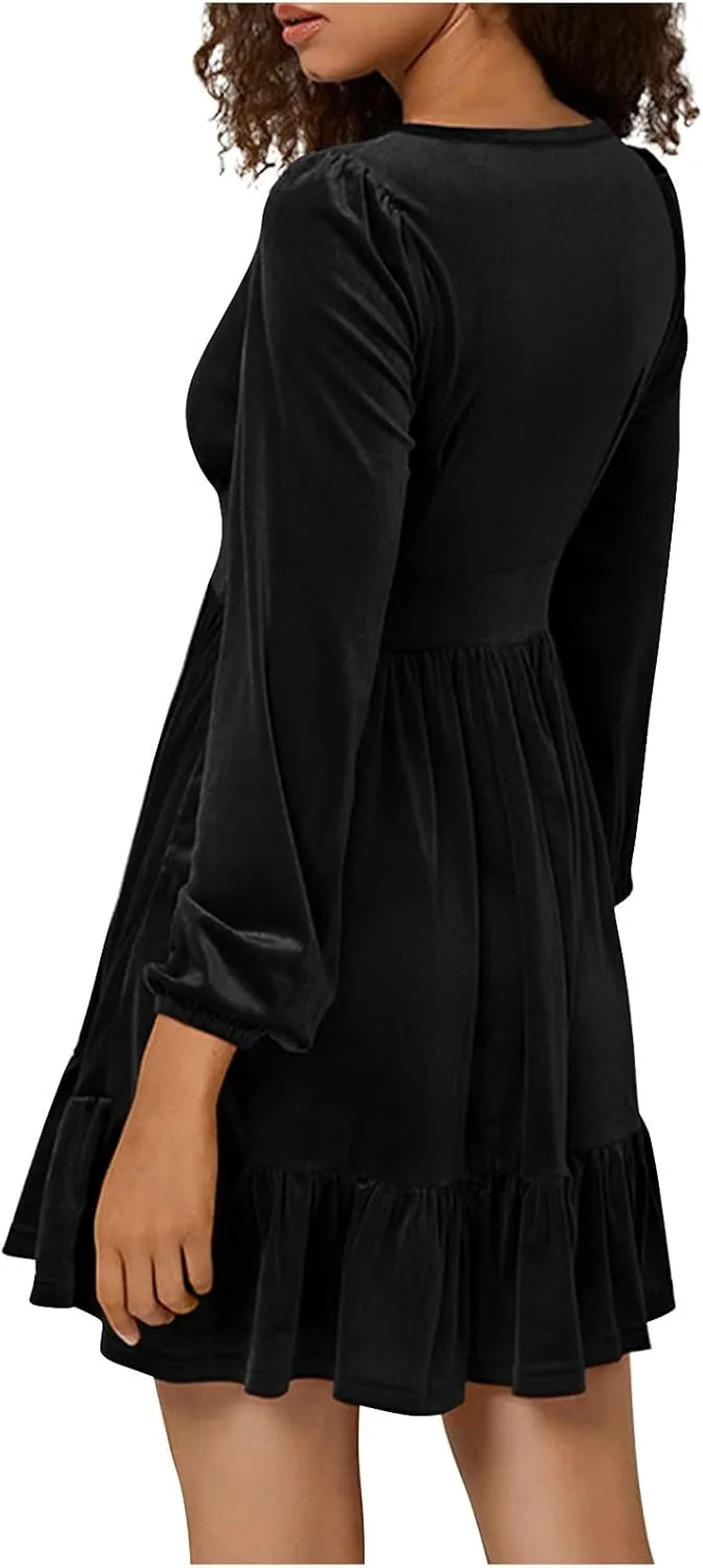 JOAU Women's 2024 Casual Long Sleeve Velvet Dresses Sexy Deep V Neck Ruffle Hem Empire Waist A Line Flowy Short Mini Dress