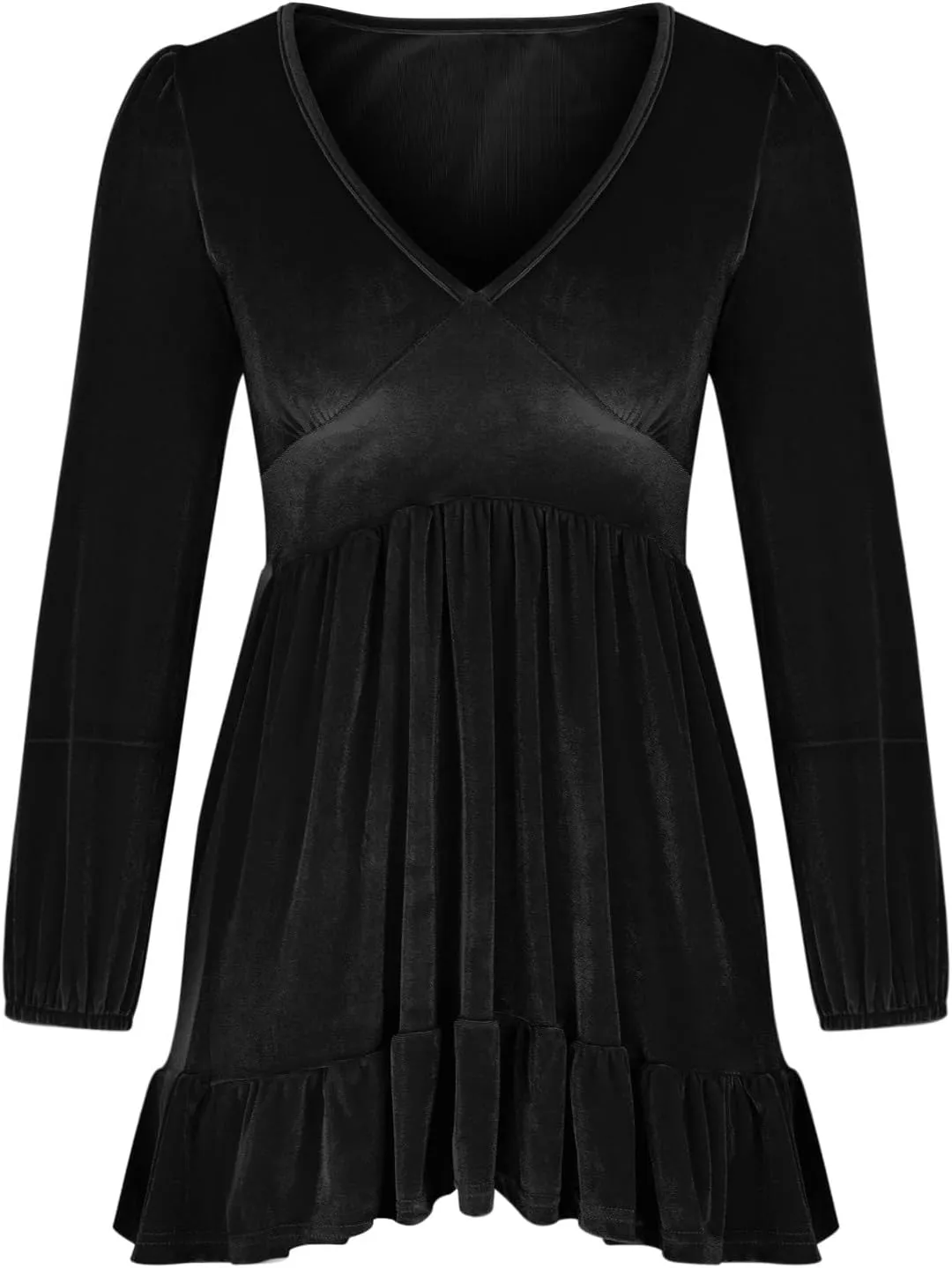 JOAU Women's 2024 Casual Long Sleeve Velvet Dresses Sexy Deep V Neck Ruffle Hem Empire Waist A Line Flowy Short Mini Dress