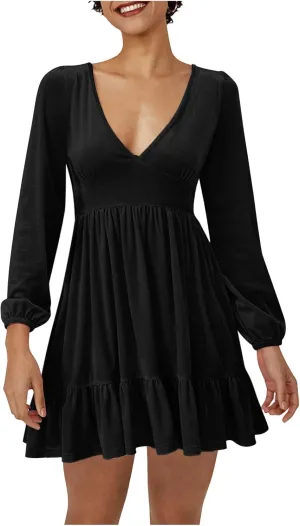 JOAU Women's 2024 Casual Long Sleeve Velvet Dresses Sexy Deep V Neck Ruffle Hem Empire Waist A Line Flowy Short Mini Dress