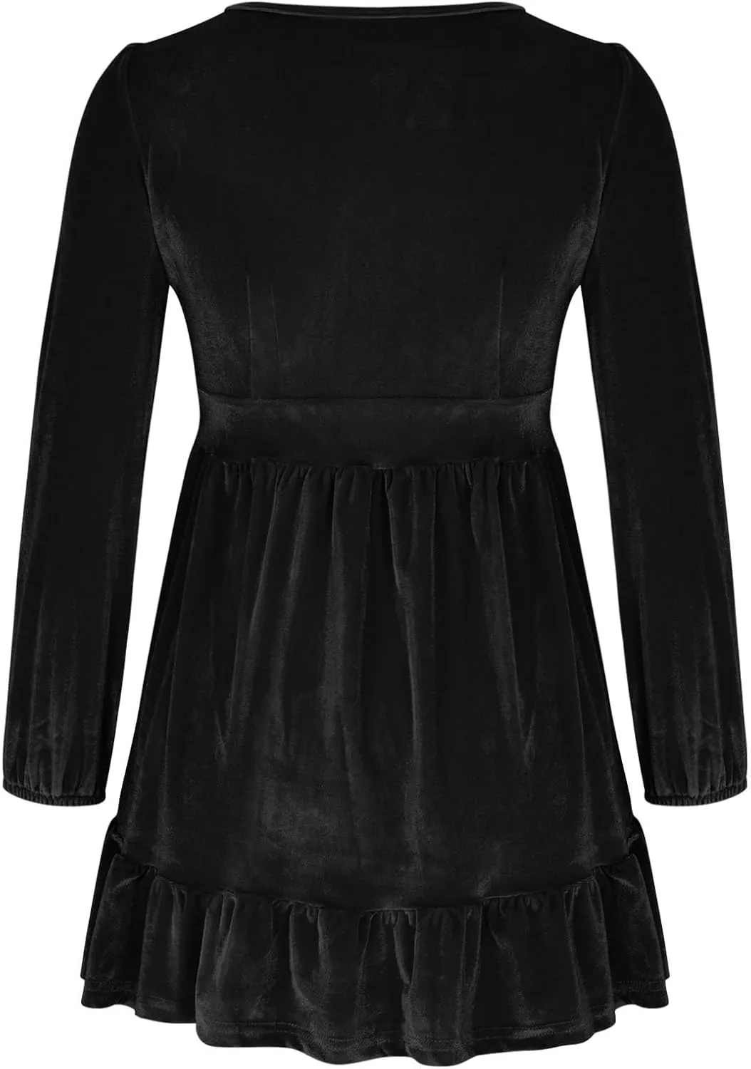 JOAU Women's 2024 Casual Long Sleeve Velvet Dresses Sexy Deep V Neck Ruffle Hem Empire Waist A Line Flowy Short Mini Dress