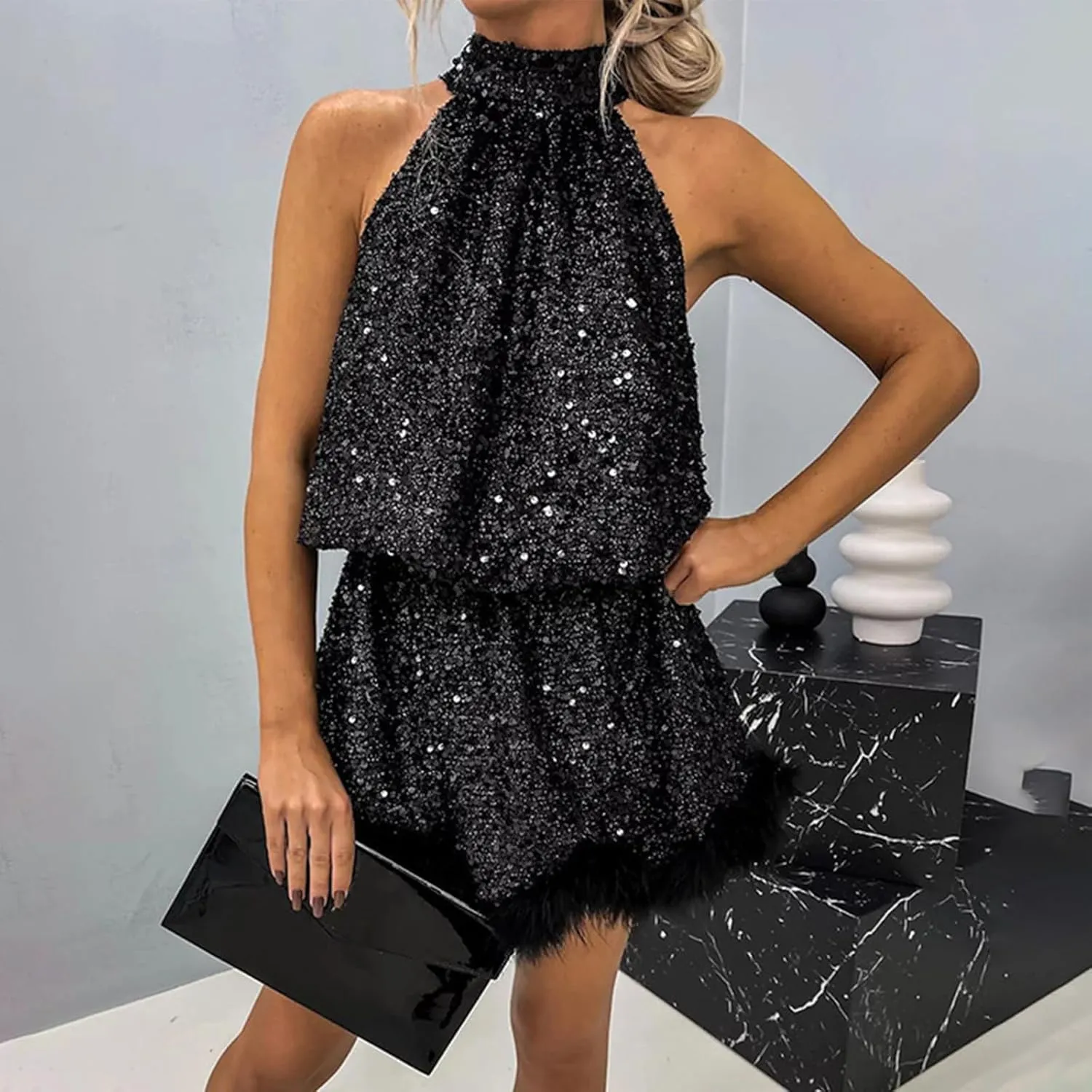 jsaierl Women Halter Neck Sequin Dress Fall Winter Festival Cocktail Party Evening Dress Sparkly Fur Trim Dresses Clubwear