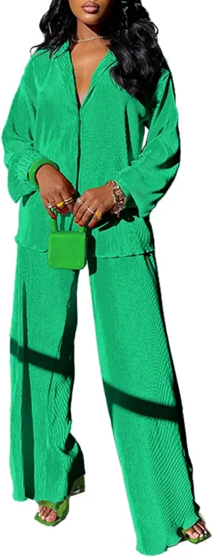 kaimimei Casual 2 Piece Outfit for Women - Linen Long Sleeve Button Down Shirt   Flare Pleated Wide Leg Pants Sets Streetwear
