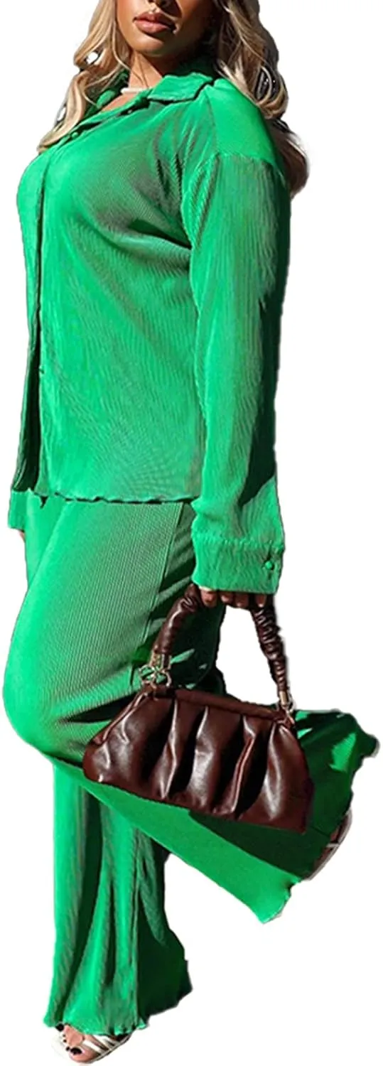 kaimimei Casual 2 Piece Outfit for Women - Linen Long Sleeve Button Down Shirt   Flare Pleated Wide Leg Pants Sets Streetwear