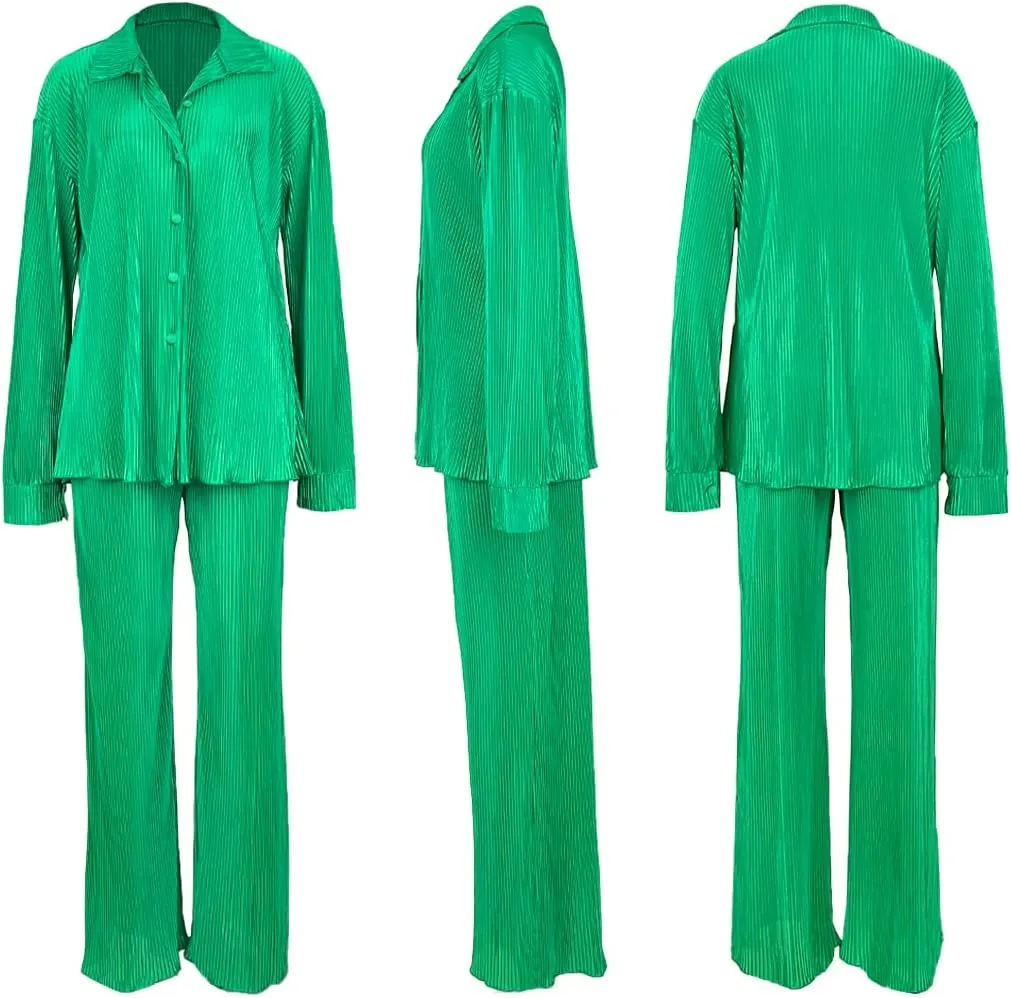 kaimimei Casual 2 Piece Outfit for Women - Linen Long Sleeve Button Down Shirt   Flare Pleated Wide Leg Pants Sets Streetwear